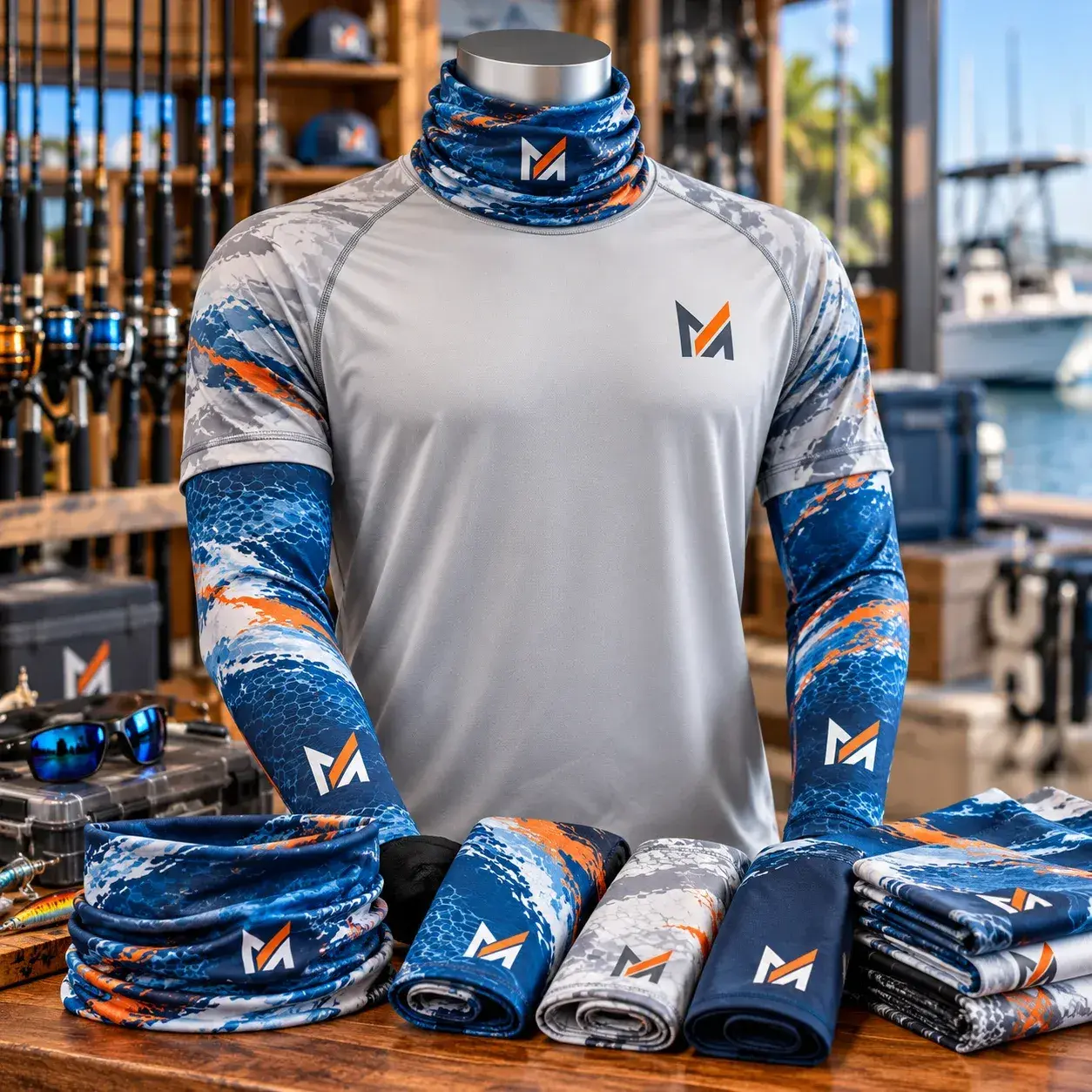 Fishing neck gaiter and matching sun sleeves displayed with a performance shirt, featuring blue, white, and orange ocean-inspired patterns and Mega Apparel branding in a fishing gear shop setting.